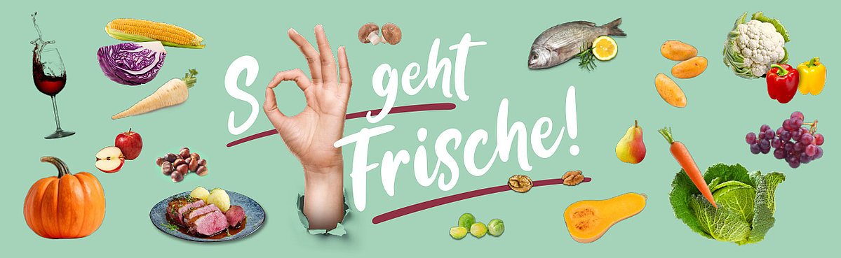 Keyvisual Jahreskampagne, herbstliches Obst & Gemüse auf mintfarbenem Hintergrund