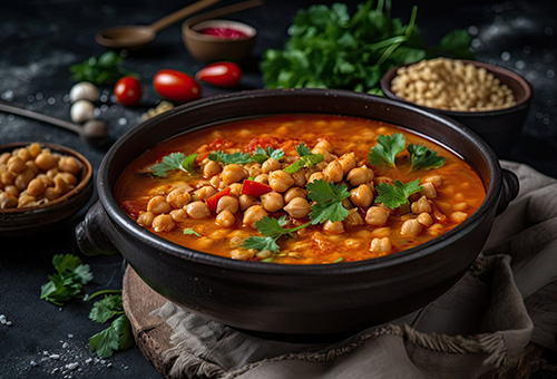 Marokkanische Kichererbsensuppe Haira im Topf serviert.