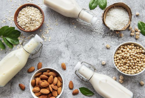 Veganer Milch-Ersatz in Glasflaschen und Mandeln, Kokosflocken, Haferflocken und Erbsen in Schüsseln