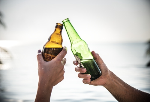 Zwei Hände die je eine Bierflasche halten und anstoßen, im Hintergrund ist das Meer.
