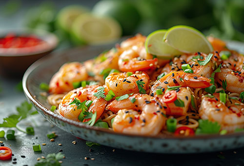 Scampix in Kräutermarinade in einer Glasschale garniert mit frischen Limettenscheiben.