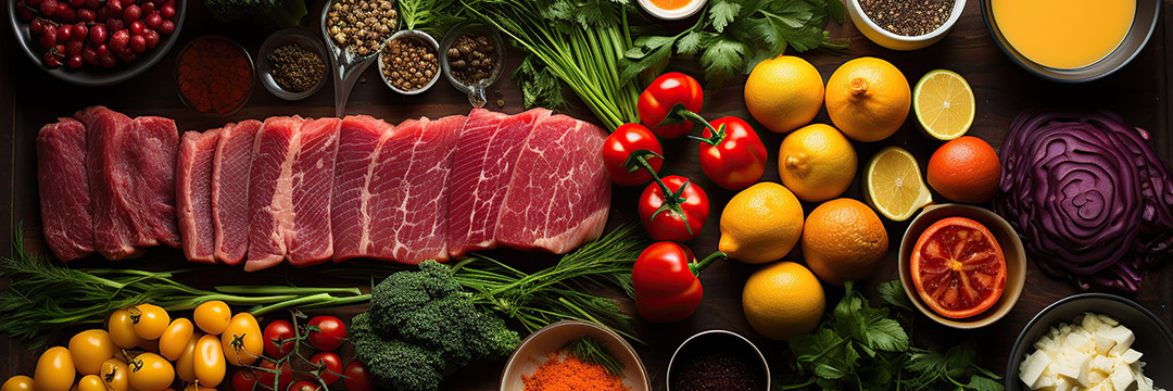 Schieferplatte mit frischen Lebensmitteln wie Fleisch, Obst und Gemüse