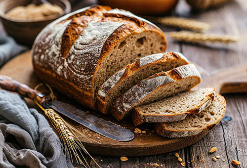 Glutenfreies Brot, angeschnitten, auf einem Holzbrett mit Ähren dekoriert Glutenfreies Brot, angeschnitten, auf einem Holzbrett mit Ähren dekoriert