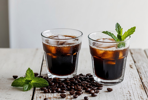 Coffee Julep Zwei Coffee Julep, alkoholfreier Aperitif mit Kaffee und Minze, auf einem Tisch
