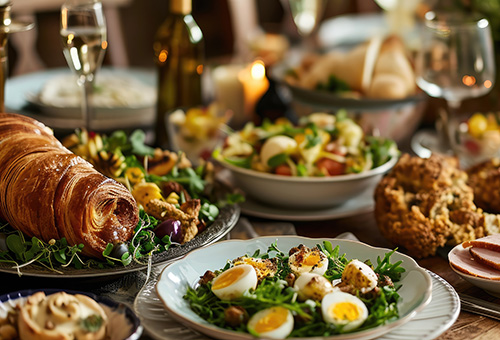 Brunchbuffet mit hartgekochten Eiern, Croissant und Salat