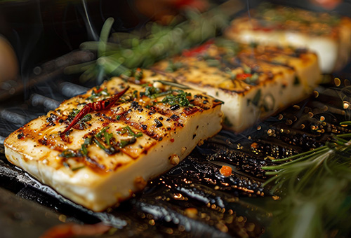 Marinierter Halloumi auf einem Grill Drei marinierte Halloumi-Scheiben auf einem Grill