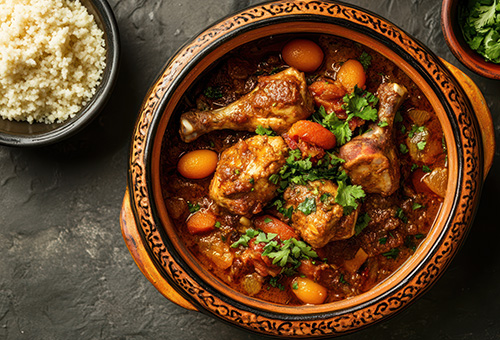 Marokkanisches Huhn mit Aprikosen Marokkanisches Huhn mit Aprikosen in einer Tajine, danebene in einer Schüssel Reis und in einer Schüssel Koriander
