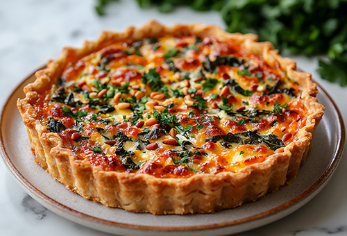 Mediterrane Mangold-Tarte mit Tomaten und Feta auf einem grauen Teller