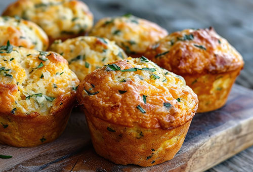 Frisch gebackene herzhafte Bärlauchmuffins mit Parmesan und Feta auf einem Holzbrett