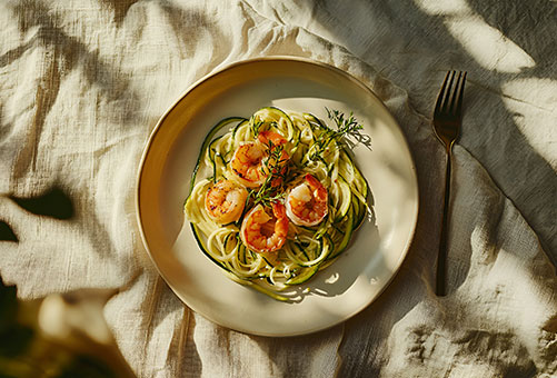Zoodles mit Garnelen angerichtet auf einem Teller