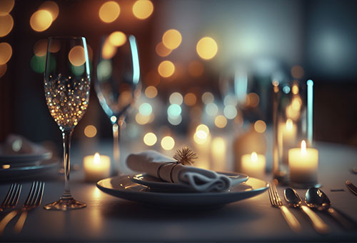 festlicher Tisch mit gefalteter Serviette und Kerzenschein