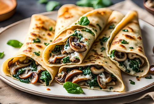 vegetarische Hausmannskost - Rezeptidee Pfannkuchen mit einer Champignon-Spinat-Füllung auf einem Teller angerichtet