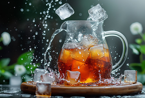 Eiswürfel dürfen bei Eistee nicht fehlen Glaskaraffe mit Eistee und Eiswürfel