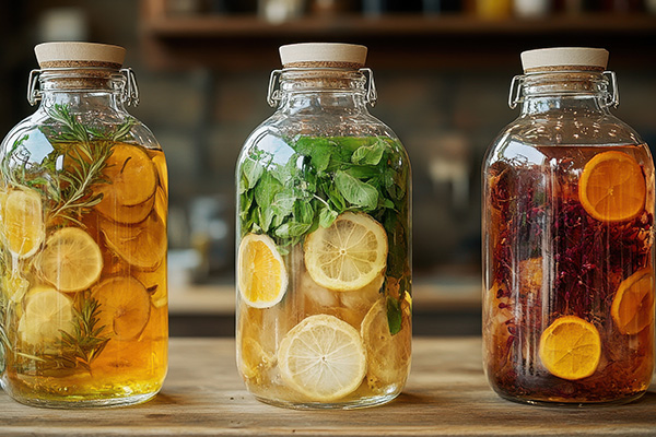 Femrentierte Getränke in Behältern aus Glas