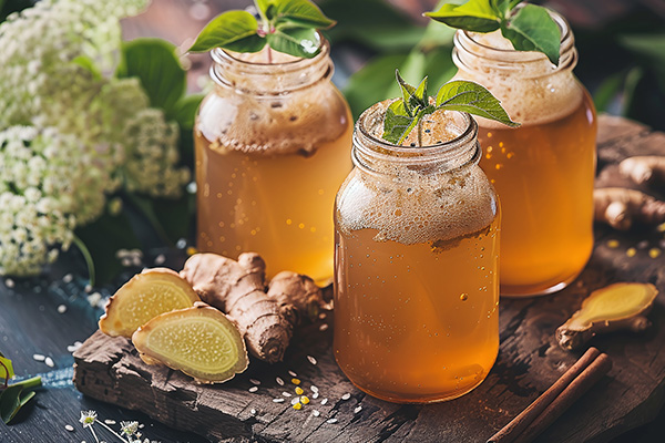 Fermentiertes Getränk in Glasbehältern angerichtet