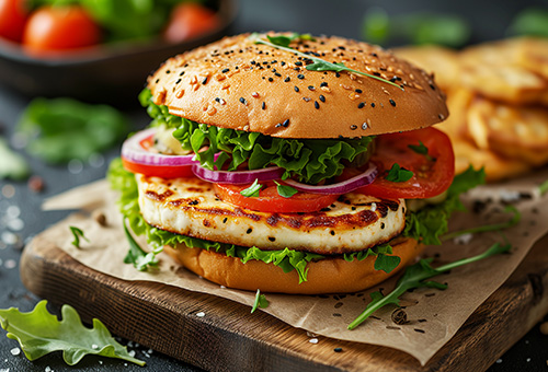 Ein Burger mit Halloumi, Tomaten und Kräutern auf einem Holzbrett