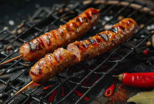 Zwei Würstchen am Spieß auf einem Grill Zwei Würstchen am Spieß auf einem Grill