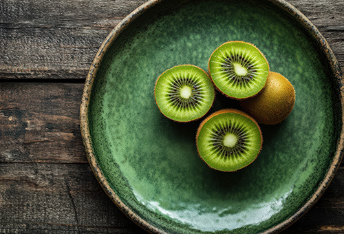 Kiwis aus Neuseeland Kiwis auf einem Teller angerichtet
