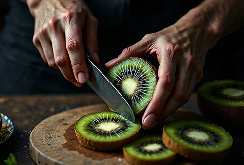 Anwendung von Kiwis in der Küche Kiwi wird kleingeschnitten