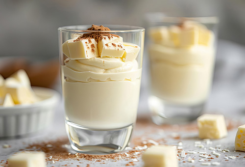 Besonderheiten von Mousse Weißes Mousse serviert mit weißen Schokoladenstückchen