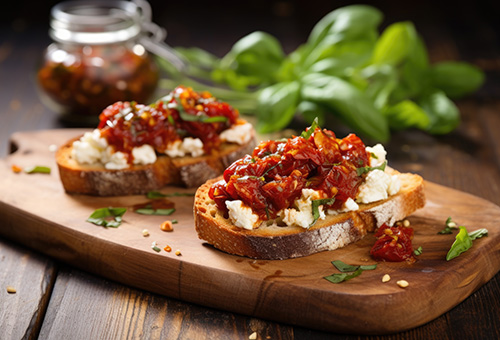 Frische Ziegenkäse-Bruschettas angerichtet auf Holzplatte Ziegenkäse-Bruschettas auf Holzbrett serviert