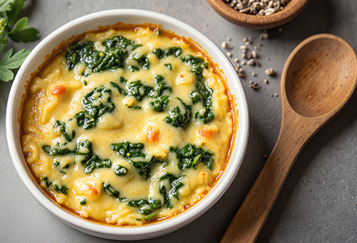 Käse-Spinat-Soufflé frisch zubereitet in einer Bowl