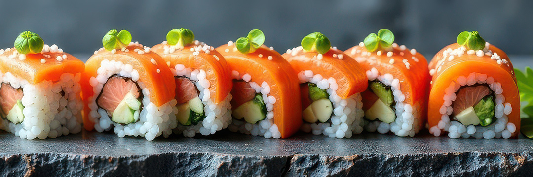 Sushi in der Gastronomie Sushi-Rollen nebeneinander aufbereitet