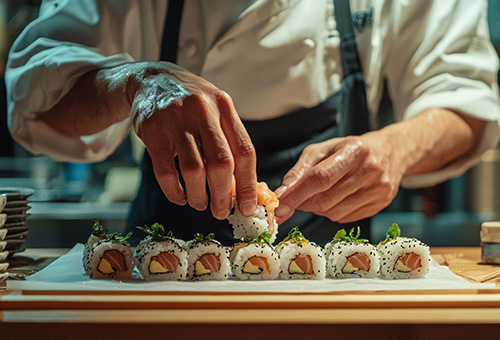 Zubereitung von Sushi Küchenchef bereitet frisches Sushi zu