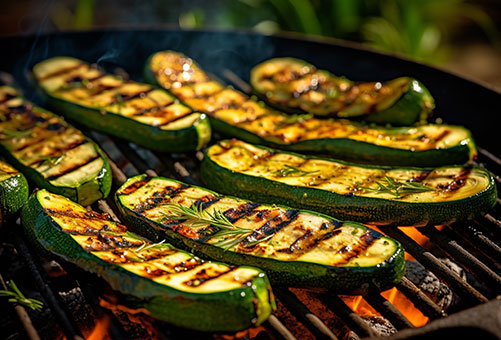 Gegrillte Zucchinischeiben Zucchinischeiben auf einem Grillrost